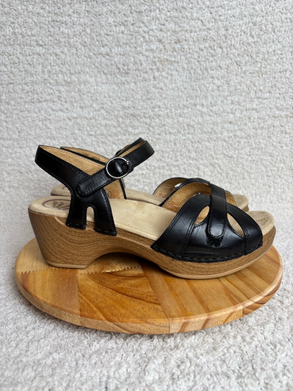 Dansko Season Black Full Grain Sandals Leather Comfort Wedge Strappy Women 8.5-9
